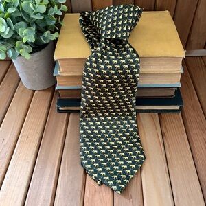 Vintage Rene Chagal Silk Tie Elephant Chain Print Green Gold Italian